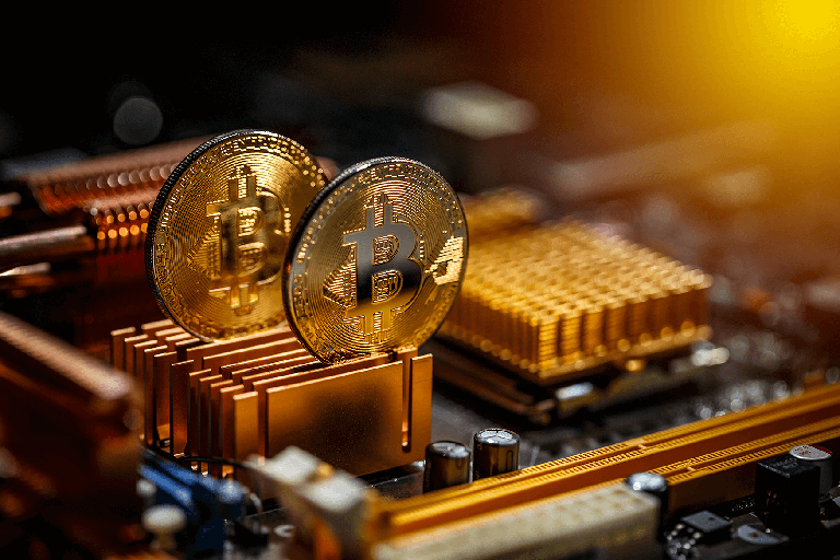 Papierfritze Gedichte Gold – Bitcoin Münze steckt auf Kühlkörper von Computer-Hardware